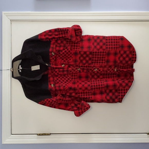 Maurices Red Patchwork Fleece Shacket, Size M - Picture 2 of 8